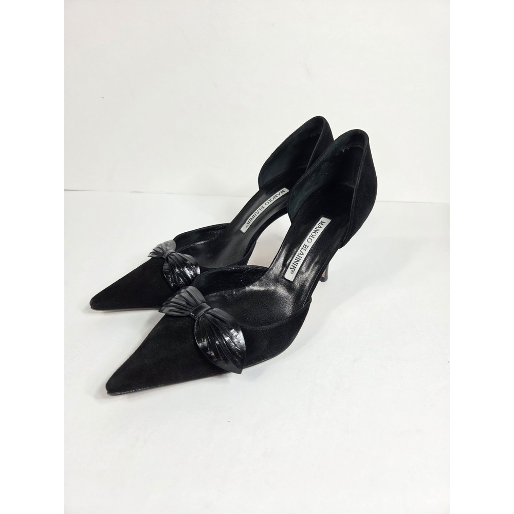 Manolo Blahnik Pointed Toe Pumps Suede Leather Bow Women 37 ( 6.5 )